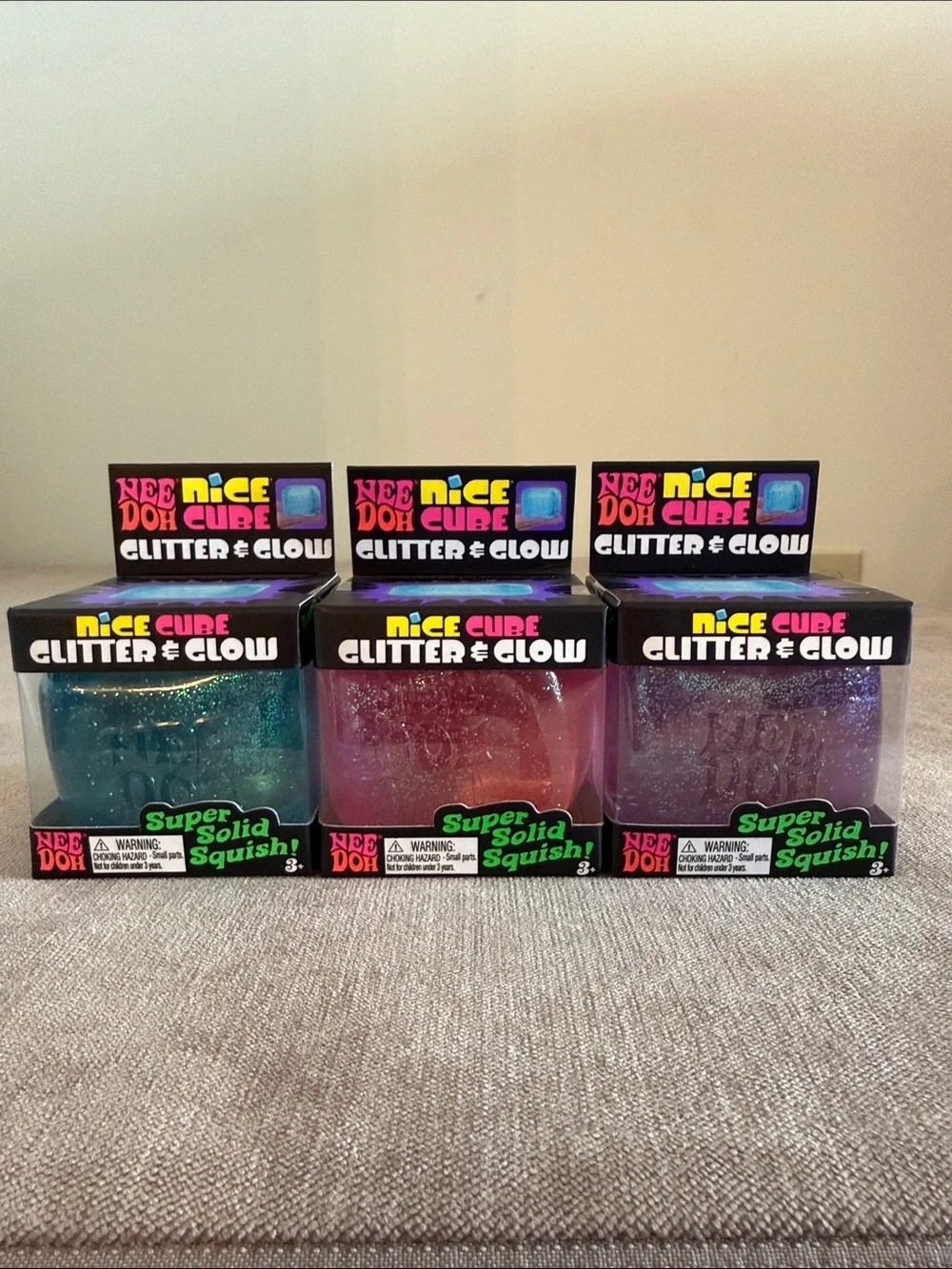 Needoh Nice Cube Glitter & Glow Super Solid Squish! - Pink, Purple, Blue
